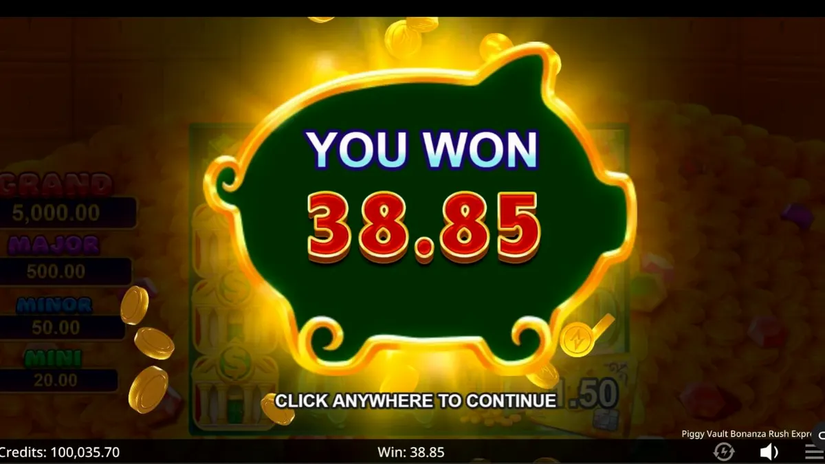 Tampilan visual mesin slot Piggy Vault Bonanza Rush Express dengan tema brankas emas